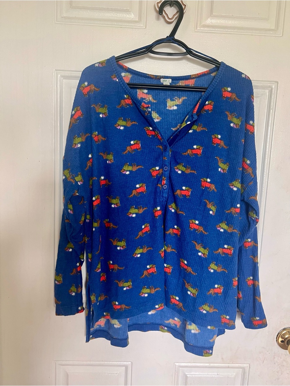 Aerie | Blue Waffle-Knit Dog Print Henley Top